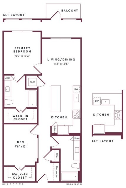 Floor plan for 1 bed, 2 baths, 1003 sqft